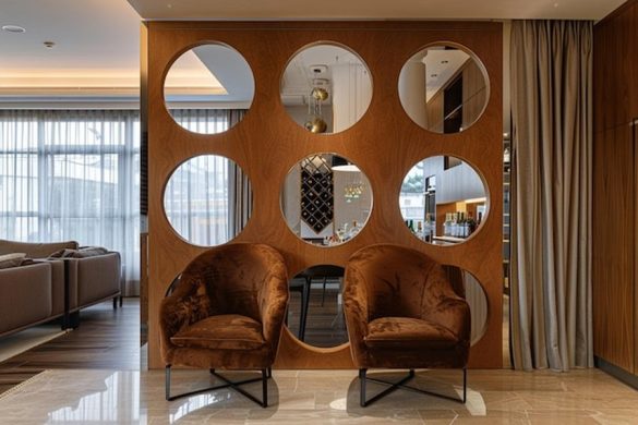 Un salon moderne élégant mettant en valeur une cloison en bois aux ouvertures circulaires, illustrant la rénovation circulaire : comment sourcer et réutiliser des matériaux de réemploi pour son intérieur.