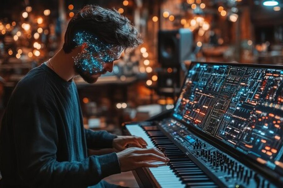 Un musicien devant un synthétiseur futuriste analyse les algorithmes pour comprendre comment optimiser ses métadonnées musicales pour les moteurs de recommandation par IA.
