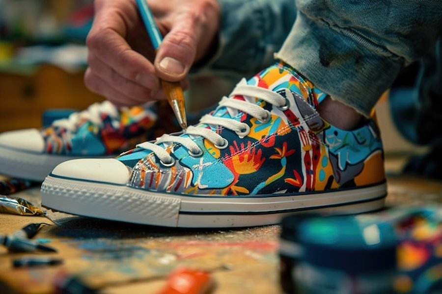 Un artiste applique des motifs colorés sur une chaussure en toile, démontrant comment personnaliser ses sneakers avec de la peinture acrylique sans craquelures.