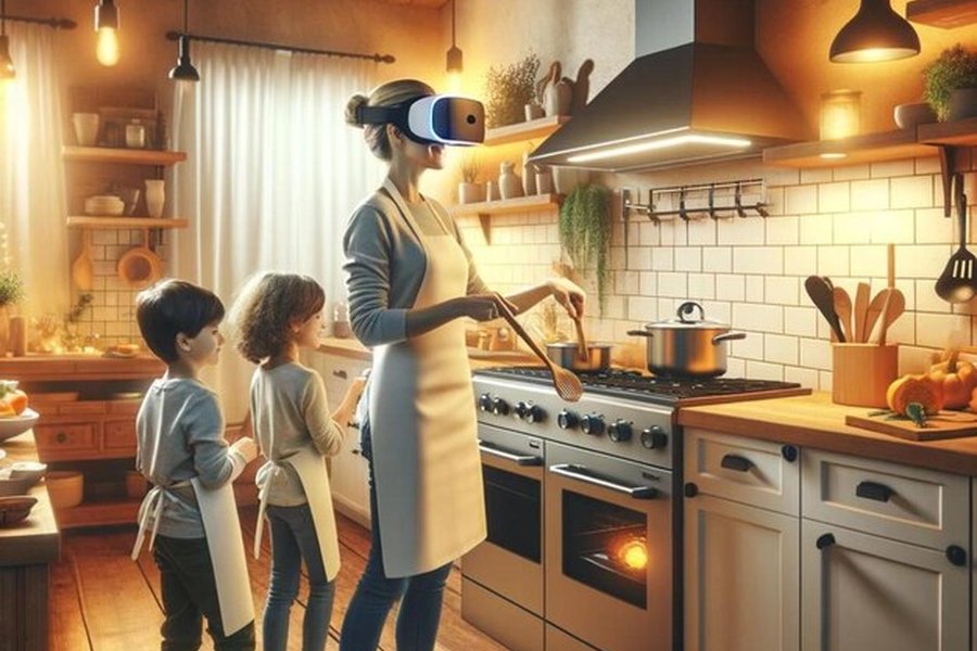 Une mère utilise un casque de réalité augmentée pour transformer les secrets de cuisine familiaux en un assistant IA personnalisé à offrir à ses enfants dans une cuisine chaleureuse.