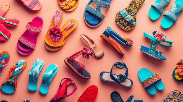 Vue aérienne artistique d'une variété de sandales pour femmes collection 2026 aux couleurs vives et ornements floraux sur un fond rose