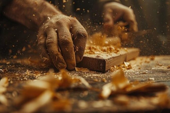 Mains expertes d'un ébéniste travaillant le bois brut avec passion pour trouver un artisan compagnon du devoir au savoir-faire reconnu.