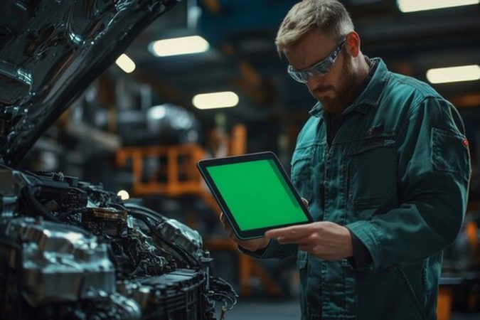 Mécanicien en combinaison verte utilisant une tablette numérique pour un entretien voiture précis.
