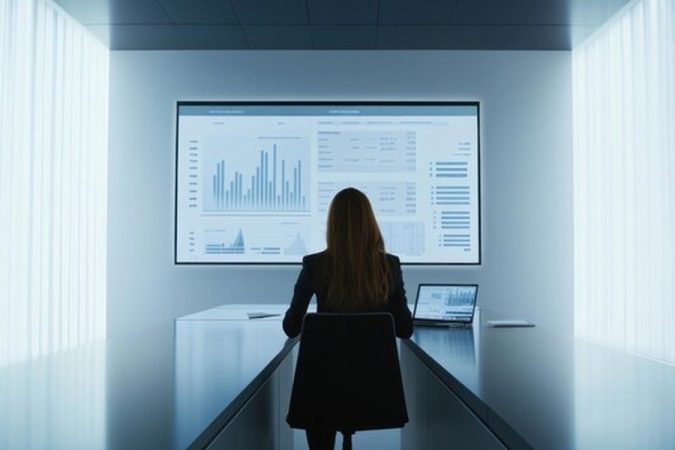 Une analyste examine des graphiques complexes sur un écran géant lors d'une formation intelligence artificielle nexa dans un bureau futuriste.