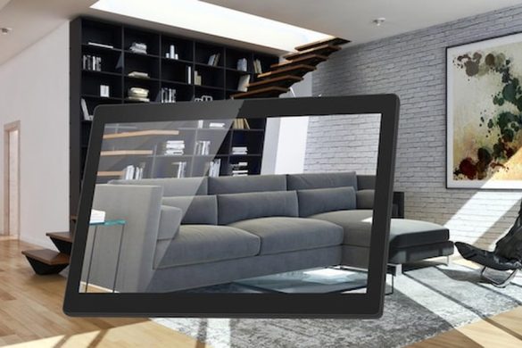 Salon moderne avec un grand canapé gris mis en scène à l'aide d'un logiciel gratuit aménagement intérieur sur tablette.