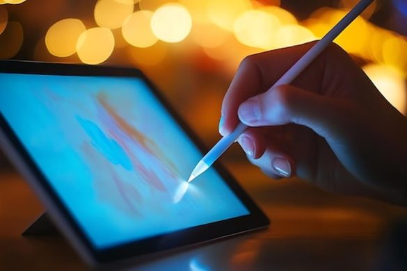 Main maniant un stylet sur une tablette graphique affichant des traits colorés, évoquant la conception d'un logo intelligence artificielle.