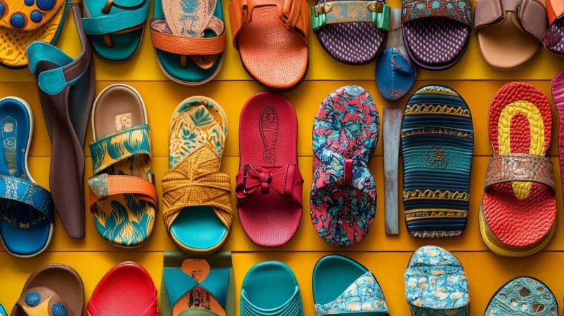 Alignement de sandales pour femmes collection 2026 aux motifs ethniques et textures artisanales sur un support en bois jaune
