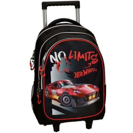 Un sac à dos à roulettes noir avec un motif de voiture de course rouge Hot Wheels et l'inscription "No Limits" sur fond blanc.